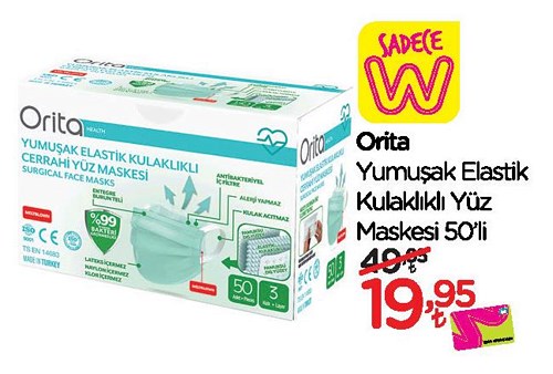 Orita Yumuşak Elastik Kulaklıklı Yüz Maskesi 50'li image