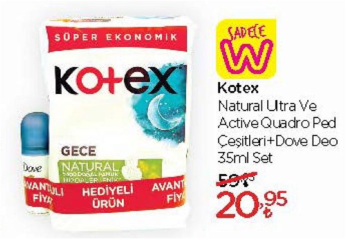 Kotex Natural ve Active Quadro Ped Çeşitleri+Dove Deo 35 ml Set image