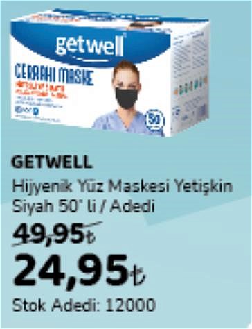 Getwell Hijyenik Yüz Maskesi Yetişkin Siyah 50'li image
