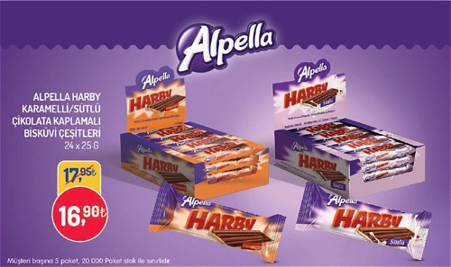 Bizim Toptan Alpella Harby Karamelli/Sütlü Çikolata Kaplamalı Bisküvi Çeşitleri 24x25 g