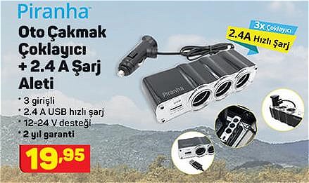 Piranha Oto Çakmak Çoklayıcı +2.4 A Şarj Aleti image