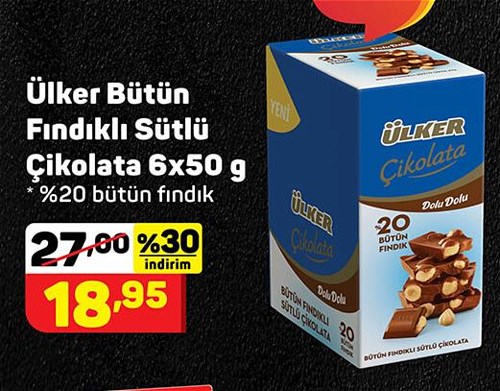 Ülker Bütün Fındıklı Sütlü Çikolata 6x50 g image