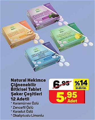 Natural Hekimce Çiğnenebilir Bitkisel Tablet Şeker Çeşitleri 12 Adetli image