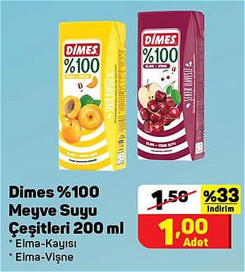 Dimes %100 Meyve Suyu Çeşitleri 200 ml image