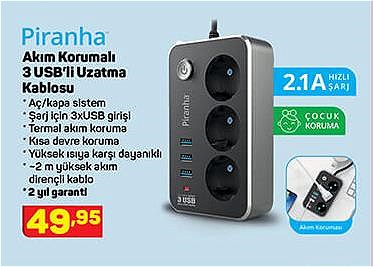 Piranha Akım Korumalı 3 USB'li Uzatma Kablosu image