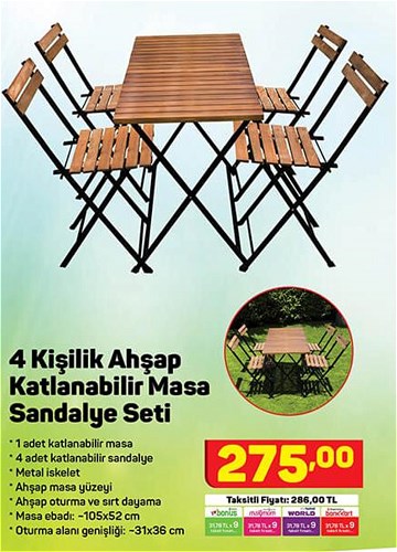 4 Kişilik Ahşap Katlanabilir Masa Sandalye Seti image