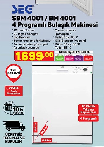 Seg SBM 4001/BM 4001 4 Programlı Bulaşık Makinesi image