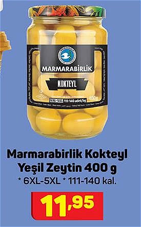 Marmarabirlik Kokteyl Yeşil Zeytin 400 g 6XL-5XL 111-140 kal. image