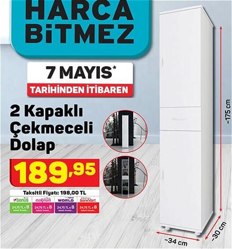 2 Kapaklı Çekmeceli Dolap 30x34x175 cm image