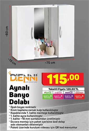 Denni Aynalı Banyo Dolabı 60x15x75 cm image