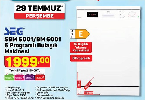 Seg SBM 6001/BM 6001 6 Programlı Bulaşık Makinesi image