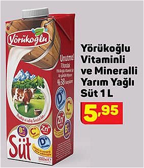 Yörükoğlu Vitaminli ve Mineralli Yarım Yağlı Süt 1 L image