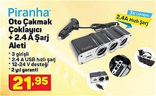 Piranha Oto Çakmak Çoklayıcı + 2.4 A Şarj Aleti image