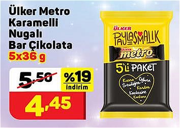 Ülker Metro Karamelli Nugalı Bar Çikolata 5x36 g image