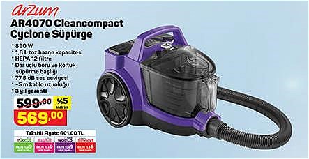 Arzum AR4070 Cleancompact Cyclone Süpürge 890 W image