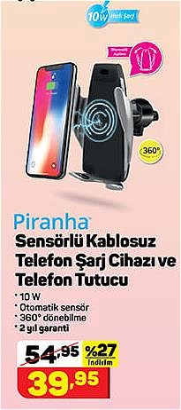 Piranha Sensörlü Kablosuz Telefon Şarj Cihazı ve Telefon Tutucu image