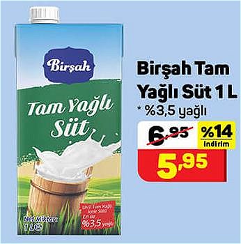 Birşah Tam Yağlı Süt 1 l %3,5 Yağlı image