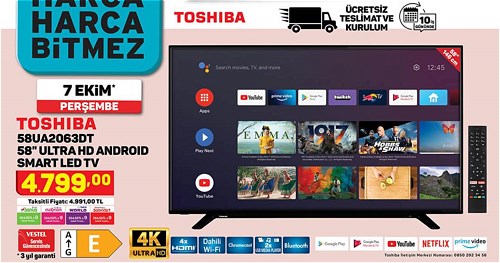 Toshiba 58UA2063DT 58'' Ultra HD Android Smart Led Tv image