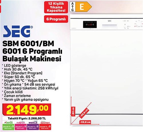 Seg SBM 6001/BM 6001 6 Programlı Bulaşık Makinesi image