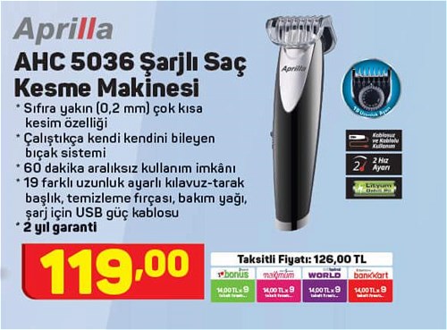 Aprilla AHC 5036 Şarjlı Saç Kesme Makinesi image