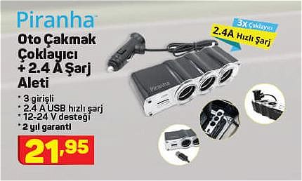 Piranha Oto Çakmak Çoklayıcı + 2.4 A Şarj Aleti image