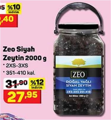 Zeo Siyah Zeytin 2000 g 2XS-3XS 351-410 kal image