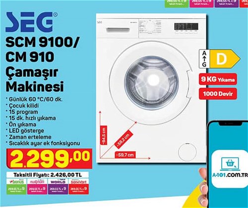 Seg SCM 9100/CM 910 9 kg 1000 Devir Çamaşır Makinesi image