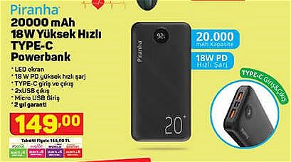 Piranha 20000 mAh 18W Yüksek Hızlı TYPE-C Powerbank image