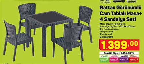Rattan Görünümlü Cam Tablalı Masa+4 Sandalye Seti image
