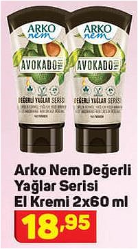 Arko Nem Değerli Yağlar Serisi El Kremi 2x60 ml image