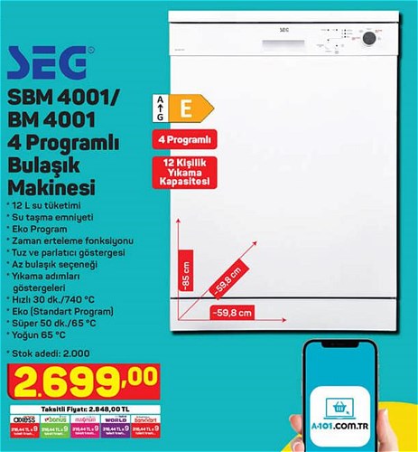 Seg SBM 4001/BM 4001 4 Programlı Bulaşık Makinesi image