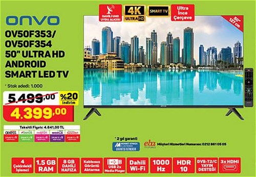 Onvo OV50F353/OV50F354 50" Ultra HD Android Smart Led Tv image