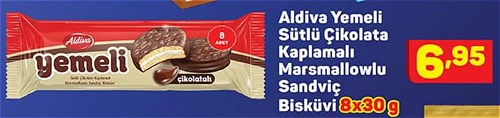 Aldiva Yemeli Sütlü Çikolata Kaplamalı Marsmallowlu Sandviç Bisküvi 8x30 g image