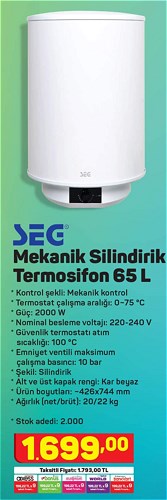Seg Mekanik Silindirik Termosifon 65 L 2000 W image