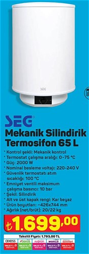 SEG Mekanik Silindirik Termosifon 65 L 2000 W image