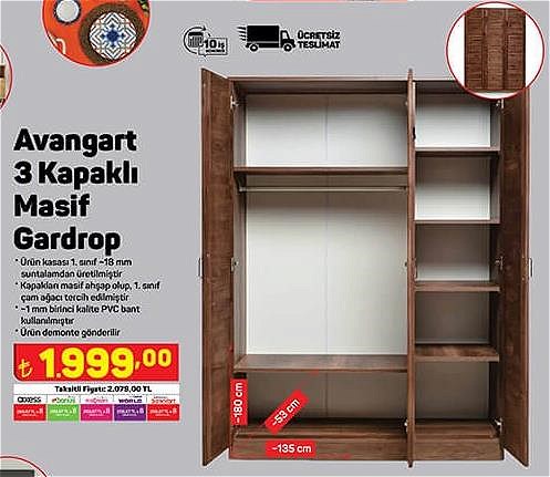 Avangart 3 Kapaklı Masif Gardrop 180x53x135 cm image