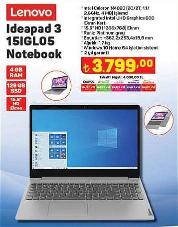 Lenovo Ideapad 3 15IGL05 Celeron N4020 İşlemci 4 GB Ram 128 GB SSD Notebook image