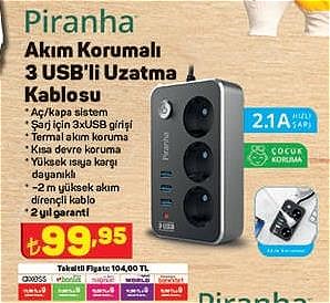 Piranha Akım Korumalı 3 USB'li Uzatma Kablosu image