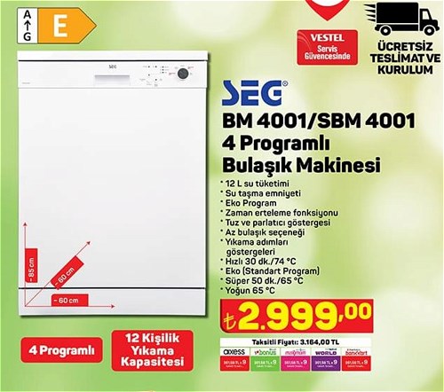 Seg BM 4001/SBM 4001 4 Programlı Bulaşık Makinesi image