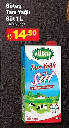 Sütaş Tam Yağlı Süt 1 l image