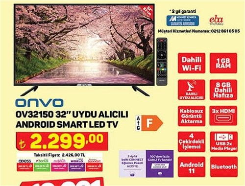 Onvo OV32150 32 inç Uydu Alıcılı Anroid Smart Led Tv image