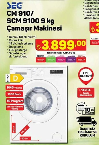 Seg CM 910/SCM 9100 9 kg Çamaşır Makinesi image