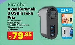 Piranha Akım Korumalı 3 USB'li Tekli Priz image