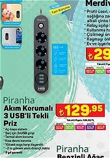 Piranha Akım Korumalı 3 USB'li Tekli Priz 2 mt image