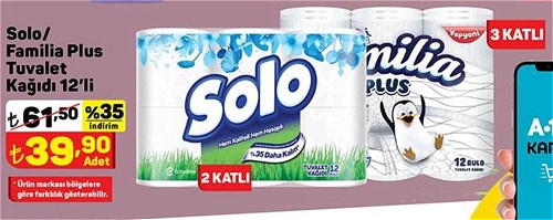 Solo 2 Katlı/Familia Plus Tuvalet Kağıdı 12'li 3 Katlı image