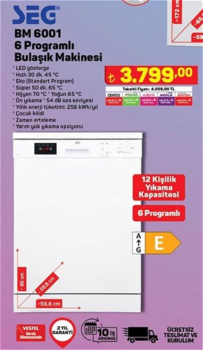 Seg BM 6001 6 Programlı BUlaşık Makinesi image