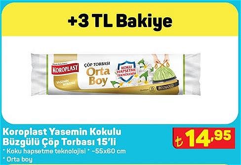 Koroplast Yasemin Kokulu Büzgülü Çöp Torbası 15'li Orta Boy image