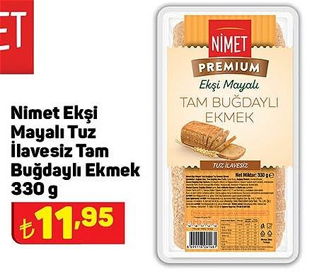 Nimet Ekşi Mayalı Tuz İlavesiz Tam Buğdaylı Ekmek 330 g image