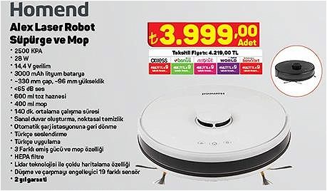 Homend Alex Laser Robot Süpürge ve Mop 28 W image