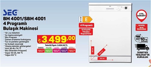 Seg BM 4001/SBM 4001 4 Programlı Bulaşık Makinesi image